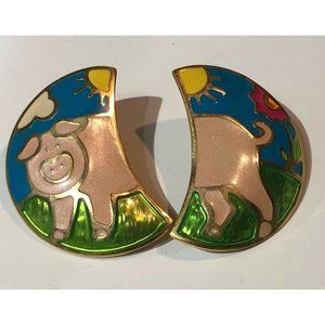 VINTAGE BEREBI GOLD TONE ENAMEL EARRINGS UNUSUAL PIG PIGLET